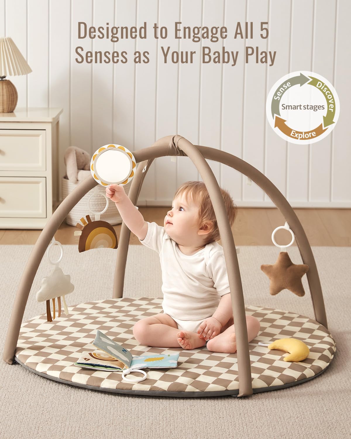 Blissful Diary Palestrina Neonato Con Arco Rimovibile, Palestrina Neonato Montessori Con 6 Giochi - Sviluppo Sensoriale E Motorio Progressivo, Regalo Per Neonati, Ragazze E Ragazzi, Tortora Quadri