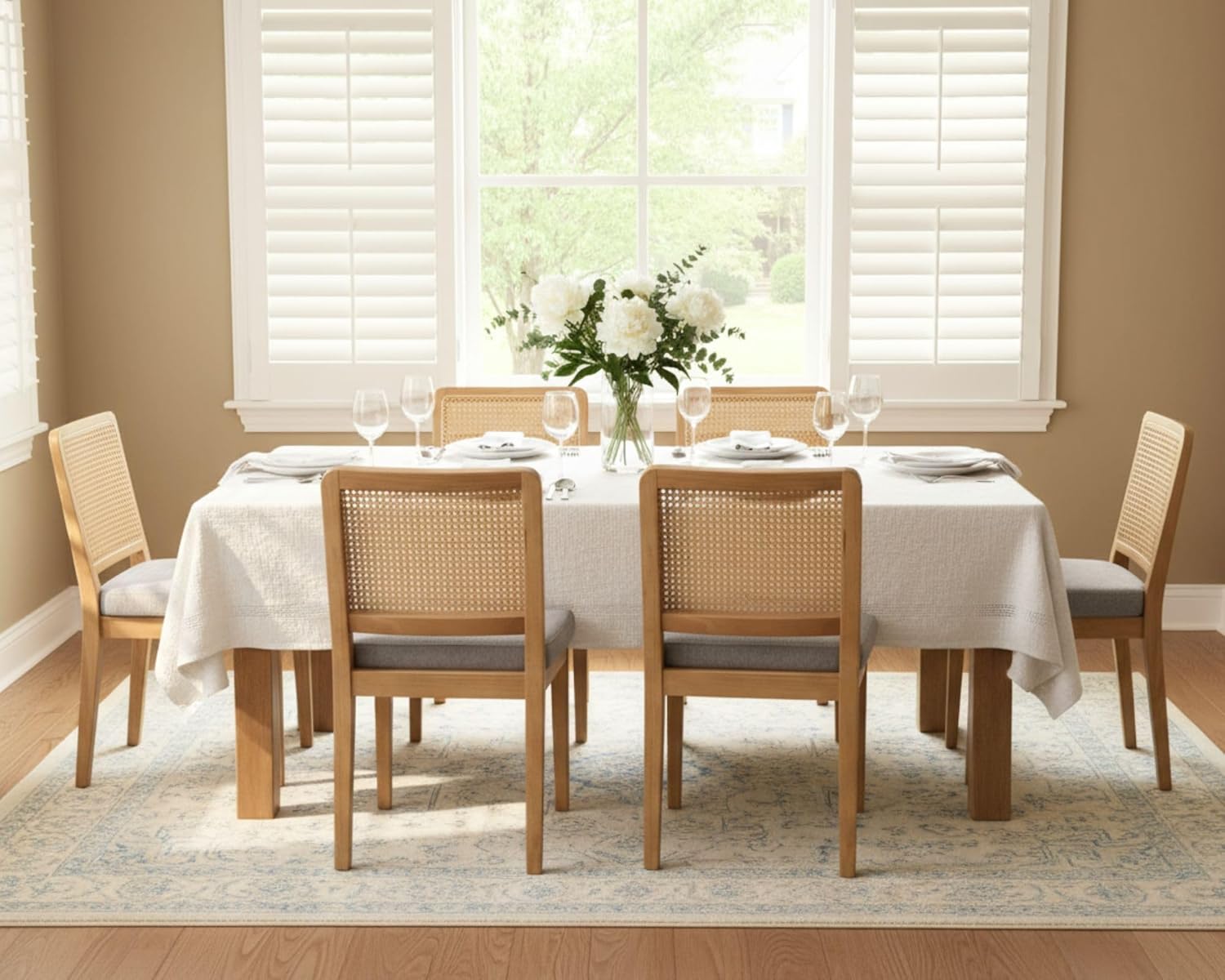 HNY Modern Farmhouse Rattan Dining Chairs Set of 4, Grey Chenille Upholstered Dining Room Chairs with Cane Back Mid Century Natural Wood Kitchen Chairs, Boho Accent Wicker Woven Chair for Living Room
