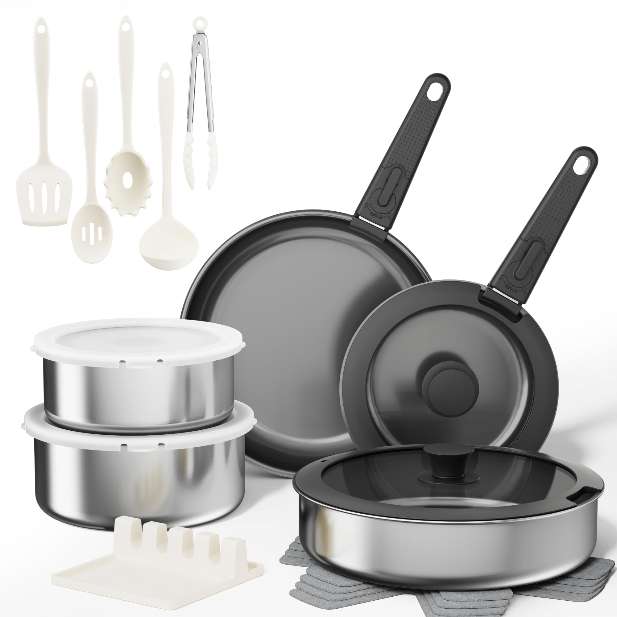 Sanho 21-Piece Pots and Pans Set, Ceramic Nonstick Cookware with Detachable Handles, 4-Layer Stainless Steel & Aluminum Core, Induction Hob Pan Set, Oven Safe, PFAS PFOA Free (Black)