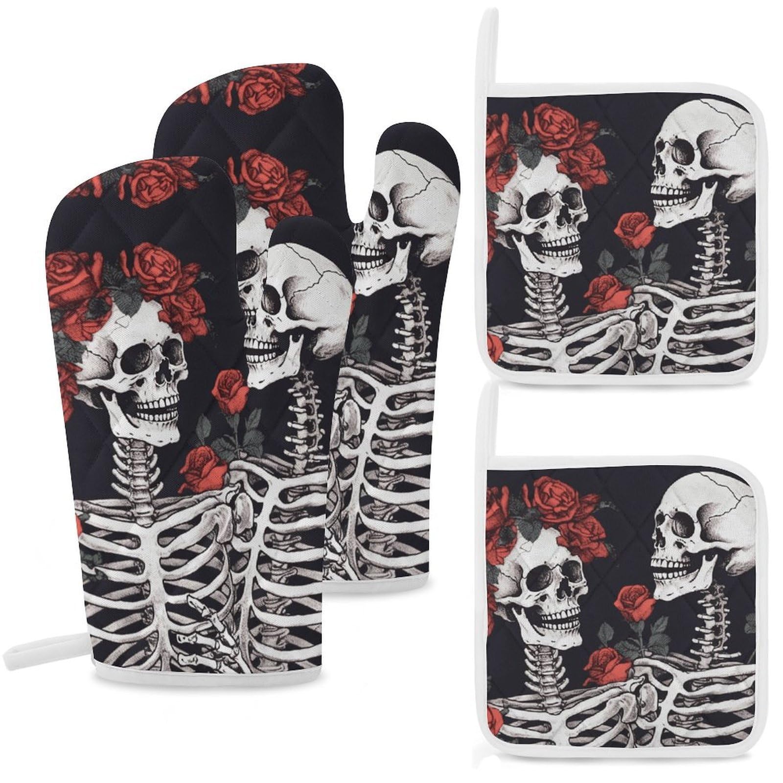 Rose and Skeleton Oven Mitts and Pot Holders Sets Heat Resistant Oven Glove with Hanging Loop for Baking Cooking BBQ Thicken Potholders for Kitchen