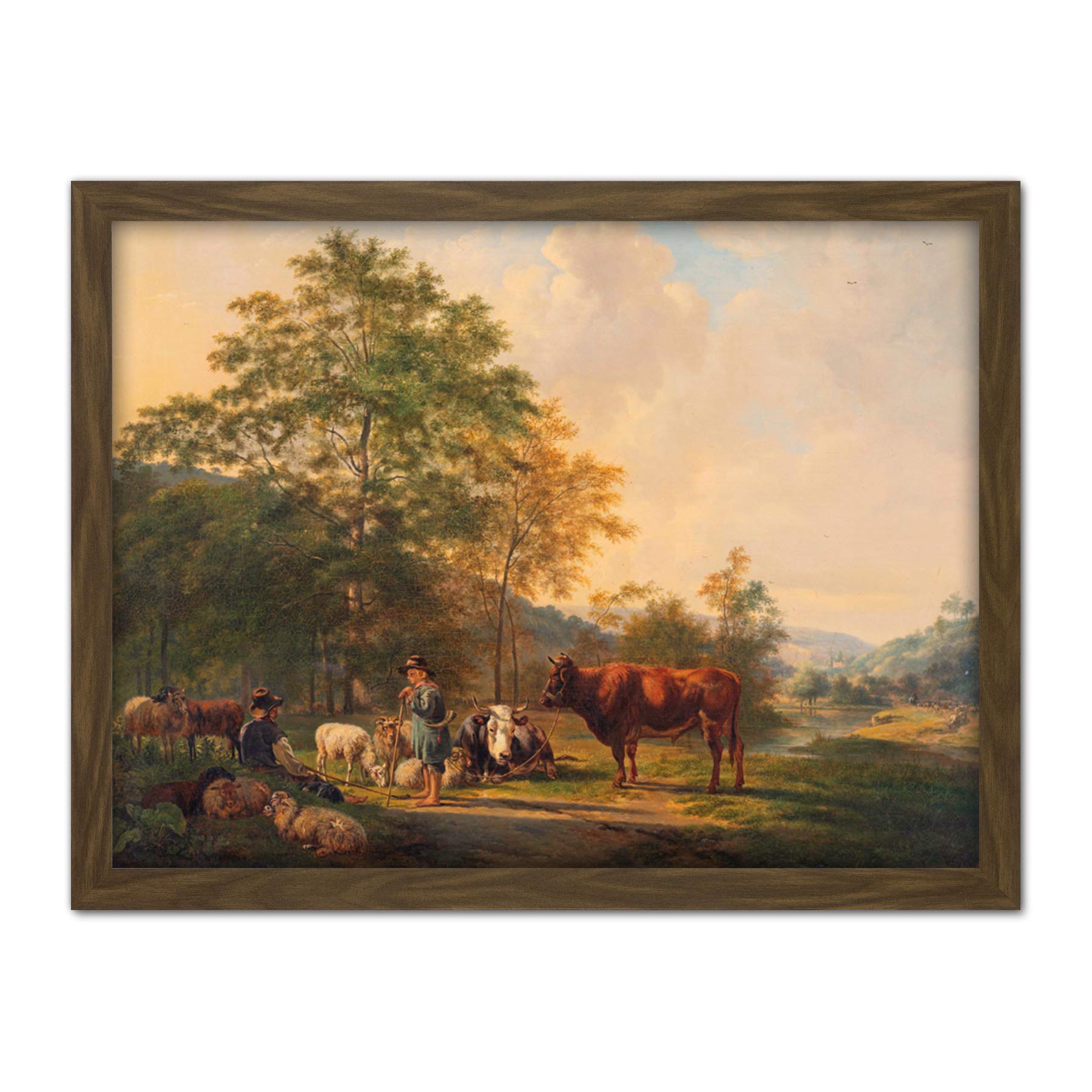 Artery8 Van Os Hilly Landscape Shepherd Cattle Painting Artwork Framed Wall Art Print 18X24 Inch