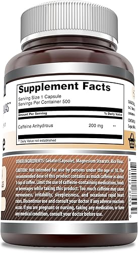 Miniatura 2 de Amazing Formulas Cafeína 200 mg 500 cápsulas Suplemento  Sin OMG  Sin gluten  Fabricado en Estados Unidos
