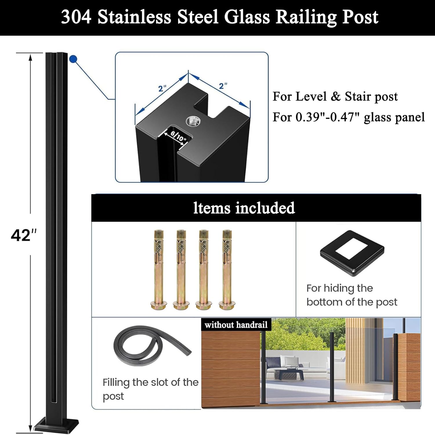 Indoor Hallway Stairs Glass Railing Post 304 Stainless Steel Black, Pool Fence Glass Balustrade Post for Steps, Balconies, Staircases, Decks