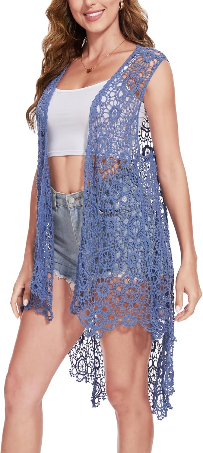 Anna-Kaci Boho Crochet Long Vest Top for Women Sleeveless Lace Cardigan Kimono Swimwear Cover Ups - Image 3