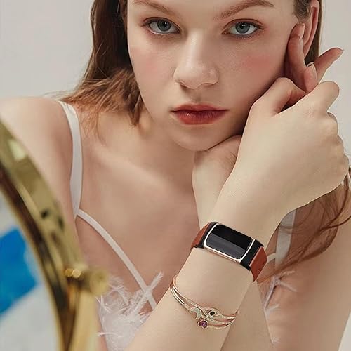 Miniatura 5 de YOYDS Bandas de cuero para Fitbit Charge 6Charge 5 bandas para mujeres y hombres, correas de repuesto florales transpirables huecas para Fitbit