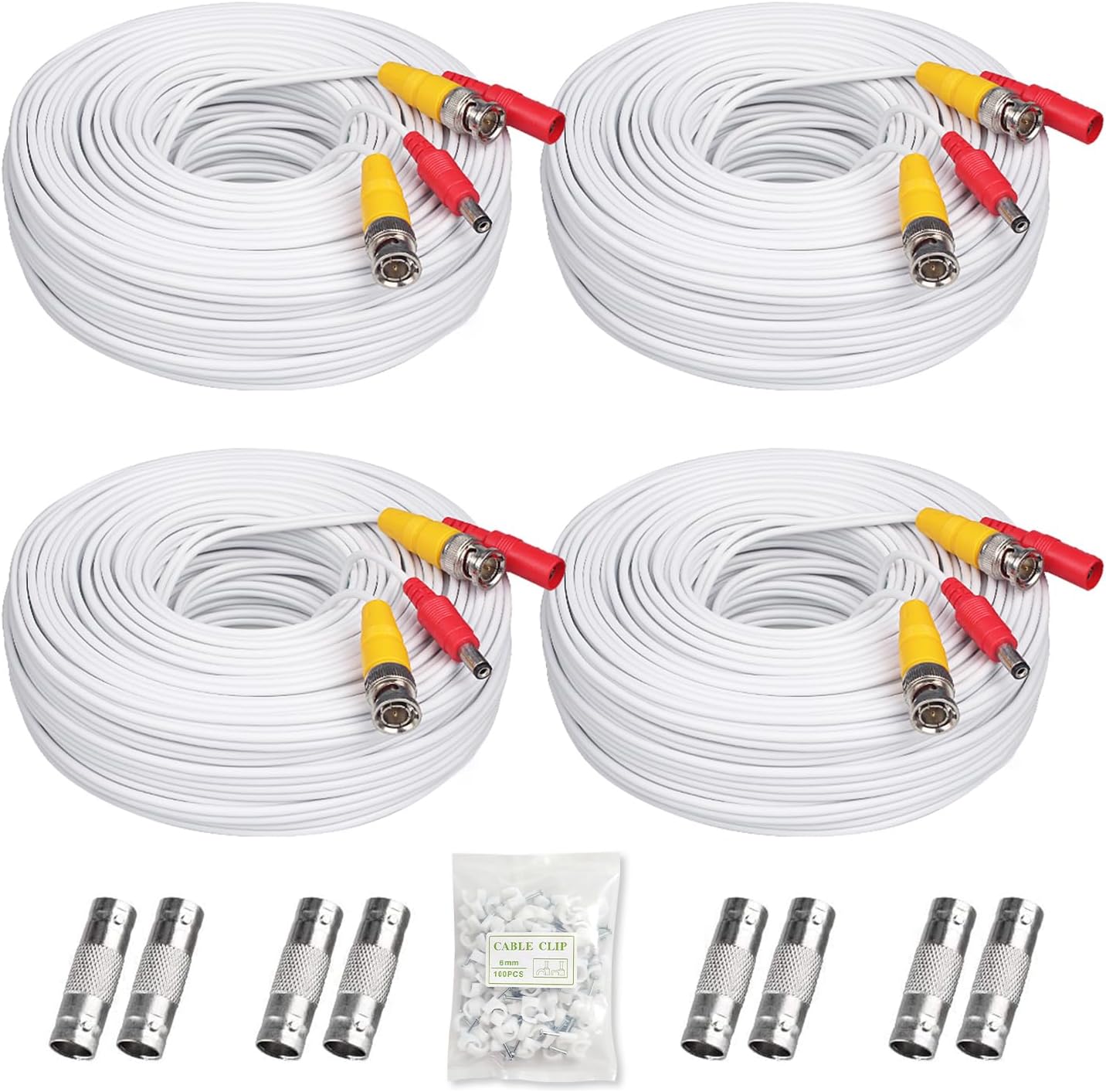 4x200ft BNC Cable All-in-One Siamese Video and Power Security Camera Cable Extension Wire Cord with 2 Female Connectors for All Max 5MP HD CCTV DVR Surveillance System,200ft 4pack Cable, White