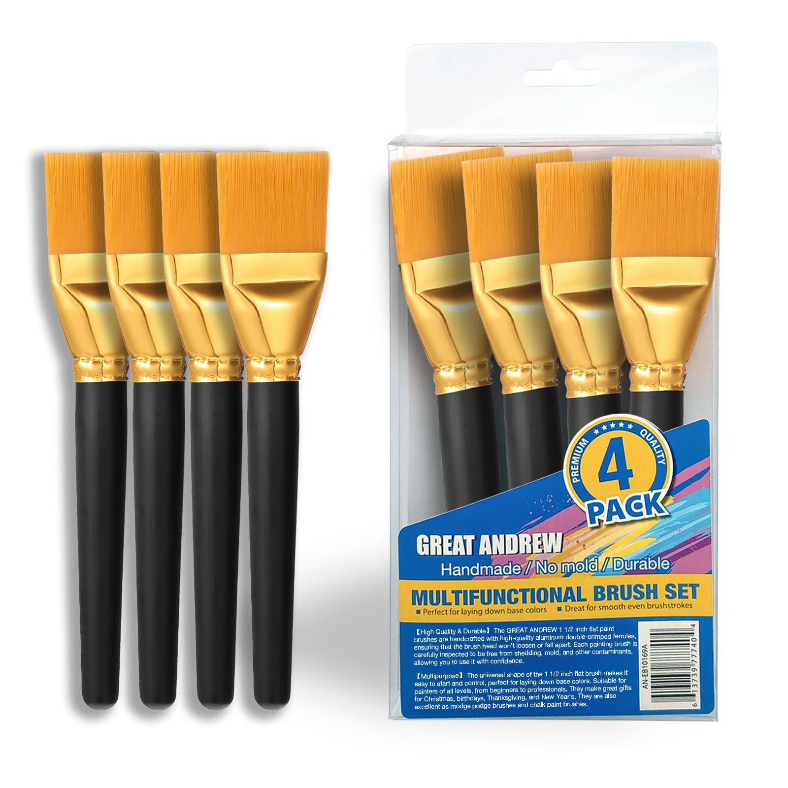 Great Andrew 1 1/2 inch Flat Paint Brushes Acrylic Painting, 4 PCS