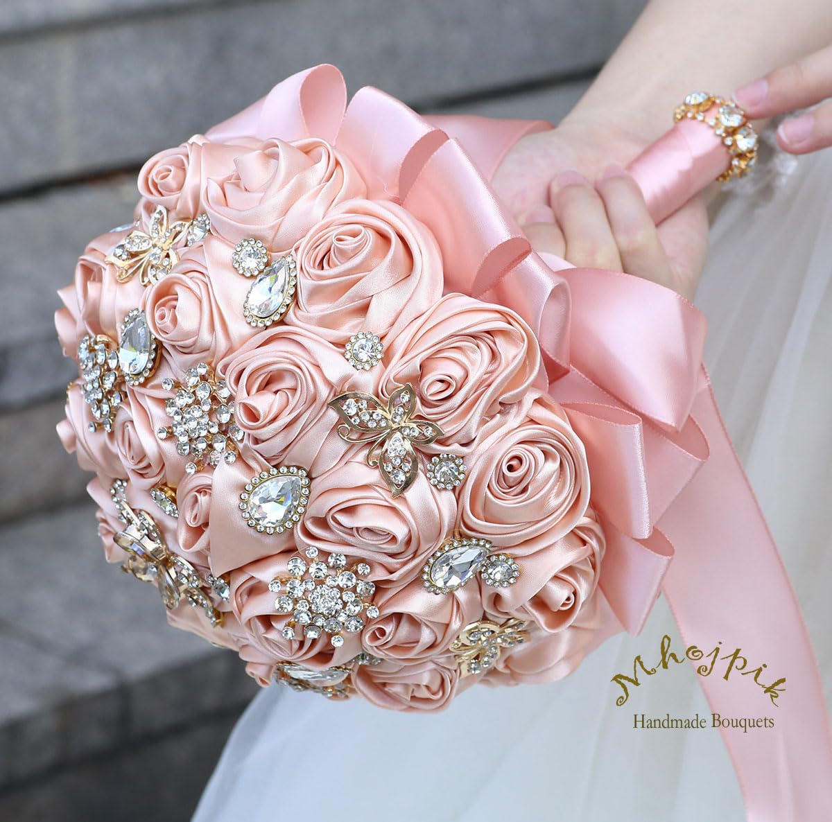 19 cm rosa pesca bouquet da sposa rotondo Bling spilla bouquet lancio artificiale mazzo di fiori per sposa damigella d'onore matrimonio Quinceanera