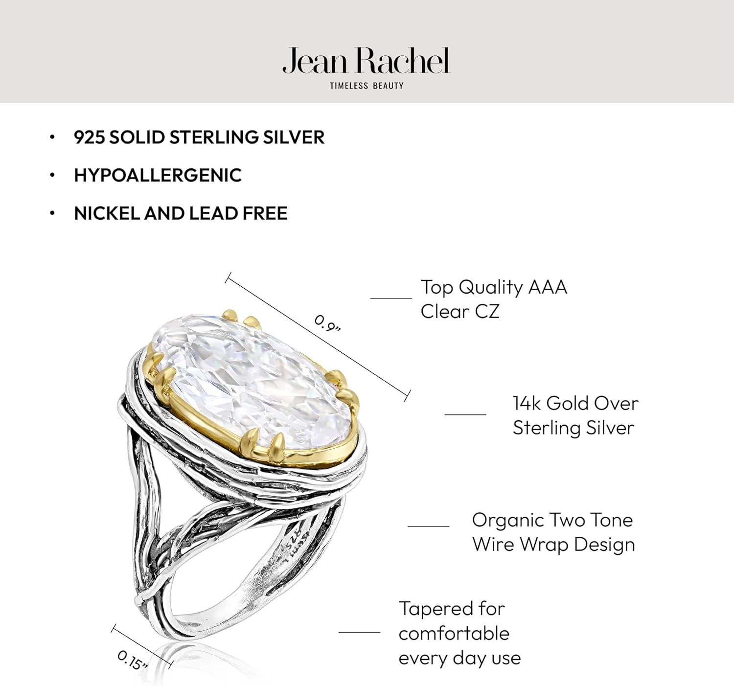 JEAN RACHEL JEWELRY Mixed Metal Two Tone Ring for Women – Oval CZ Wire Wrap – 925 Sterling Silver & 14K Gold Over Silver – Hypoallergenic Handcrafted Design