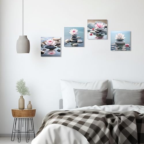 Miniatura 3 de QIXIANG Lienzo de loto rosa para pared, 4 piezas de flores de loto florecientes sobre piedra zen, para estudios de yoga, regalo para entusiastas del