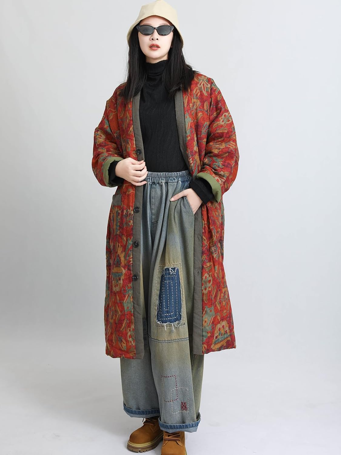 LUZU JUNU Women's Printed Quilted Coats Casual Vintage Cardigan Bohemia Long Jacket Fall Winter Button Outwear - Image 8