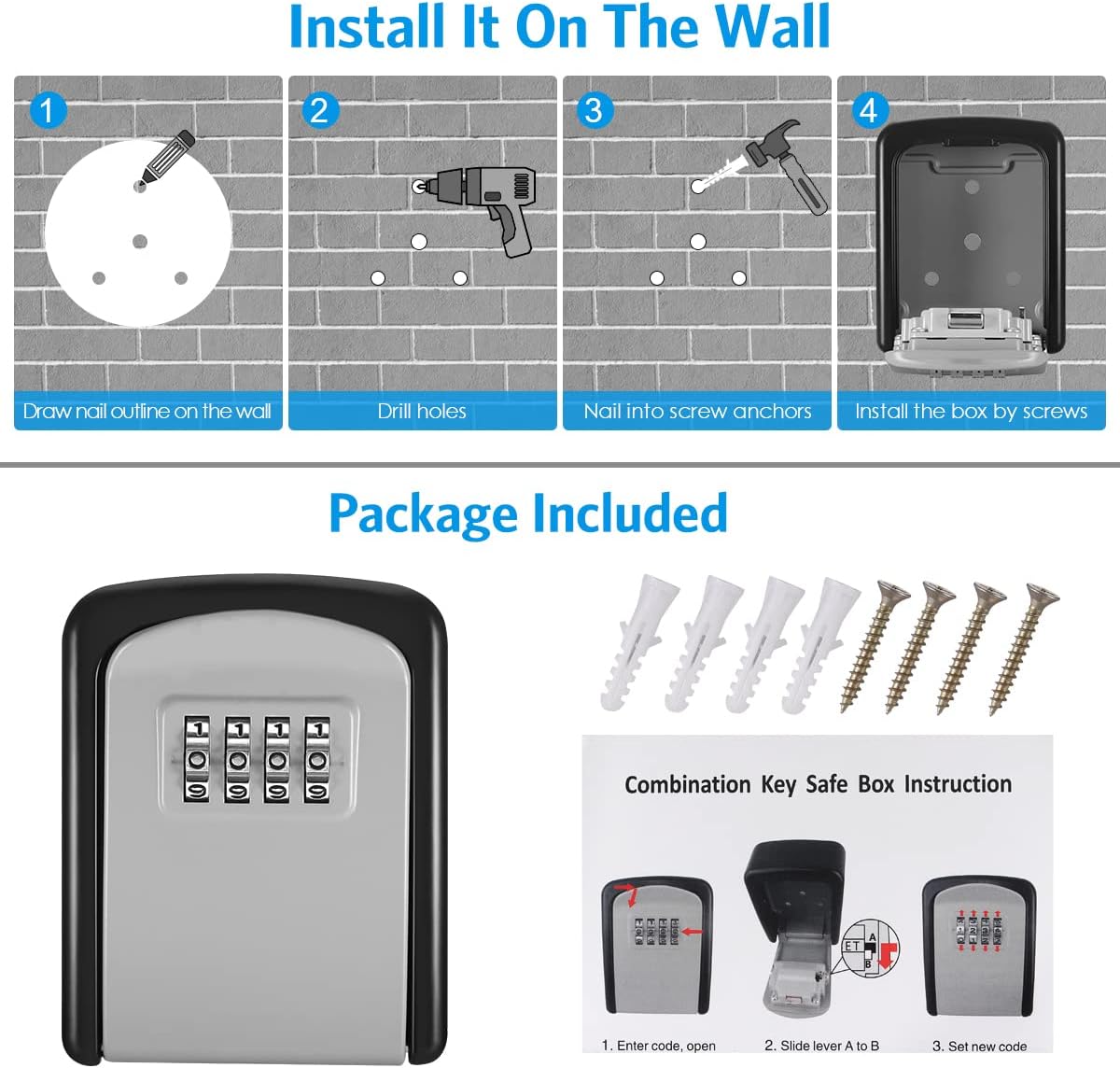 [New Version] Security Lock Box, 4 Digit Combination Key Storage Lock Box for House Keys, 3.66'' Wall Mounted Key Safe Box, 5 Keys Capacity Lock Box for Indoor Outdoor, Silver
