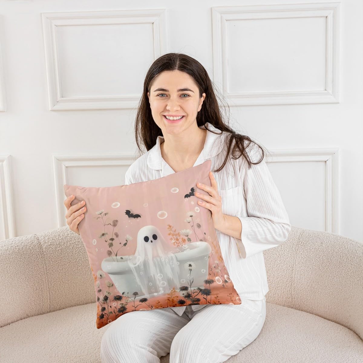 Erosebridal Halloween Decor Cushion Cases 2 Pcs Funny Ghost Throw Pillow Covers For Sofa Couch Bed Home Outdoor Car Black Bat Cushion Covers 24X24 Inch Rustic Flower Pink Decorative Square Pillowcases