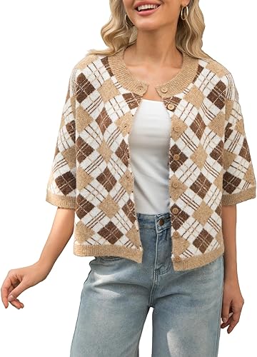 WHATSPOWS Women Wool Knit Cropped Cardigan Sweaters Short Half Sleeve Diamond Pa