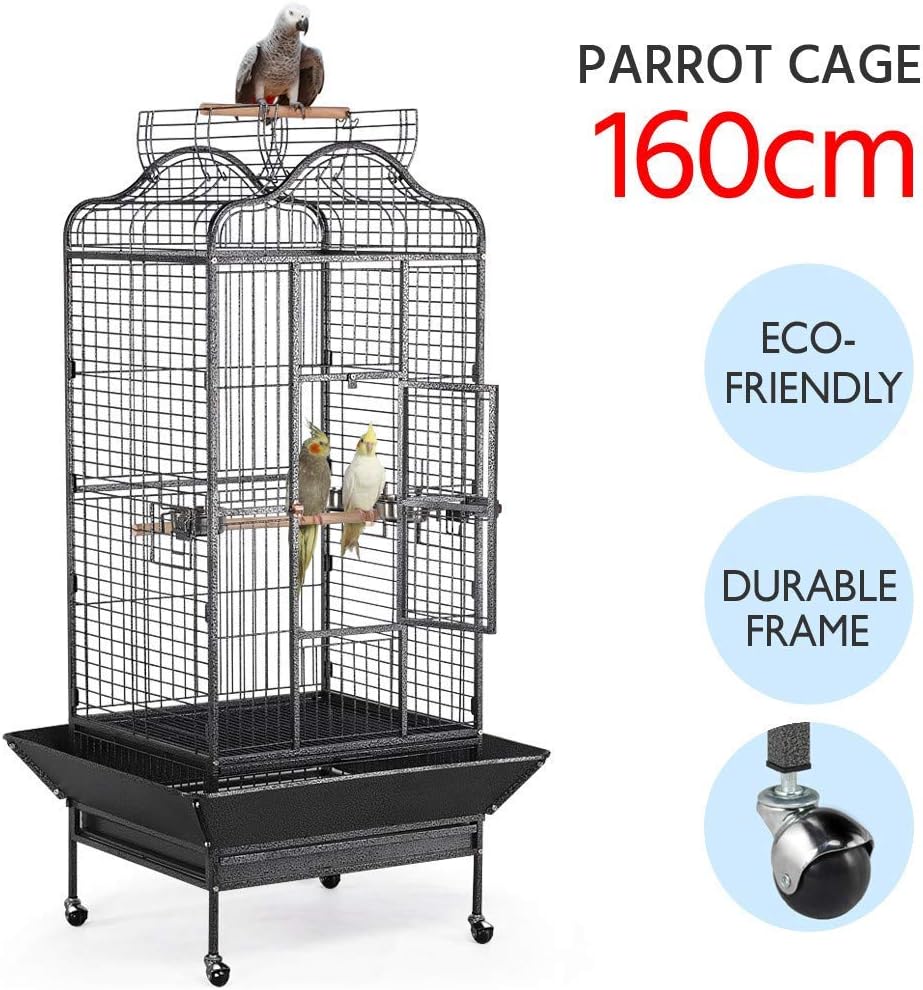 Yaheetech Large Metal Bird Cage Open Playtop Parrot Cage for African Grey Parrots Conure Cockatiels w/Rolling Stand 160 cm Black