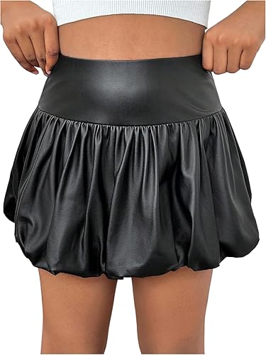 MakeMeChic Girl's PU Leather Bubble Mini Skirt Elastic Waist Ruffle A Line Y2K S