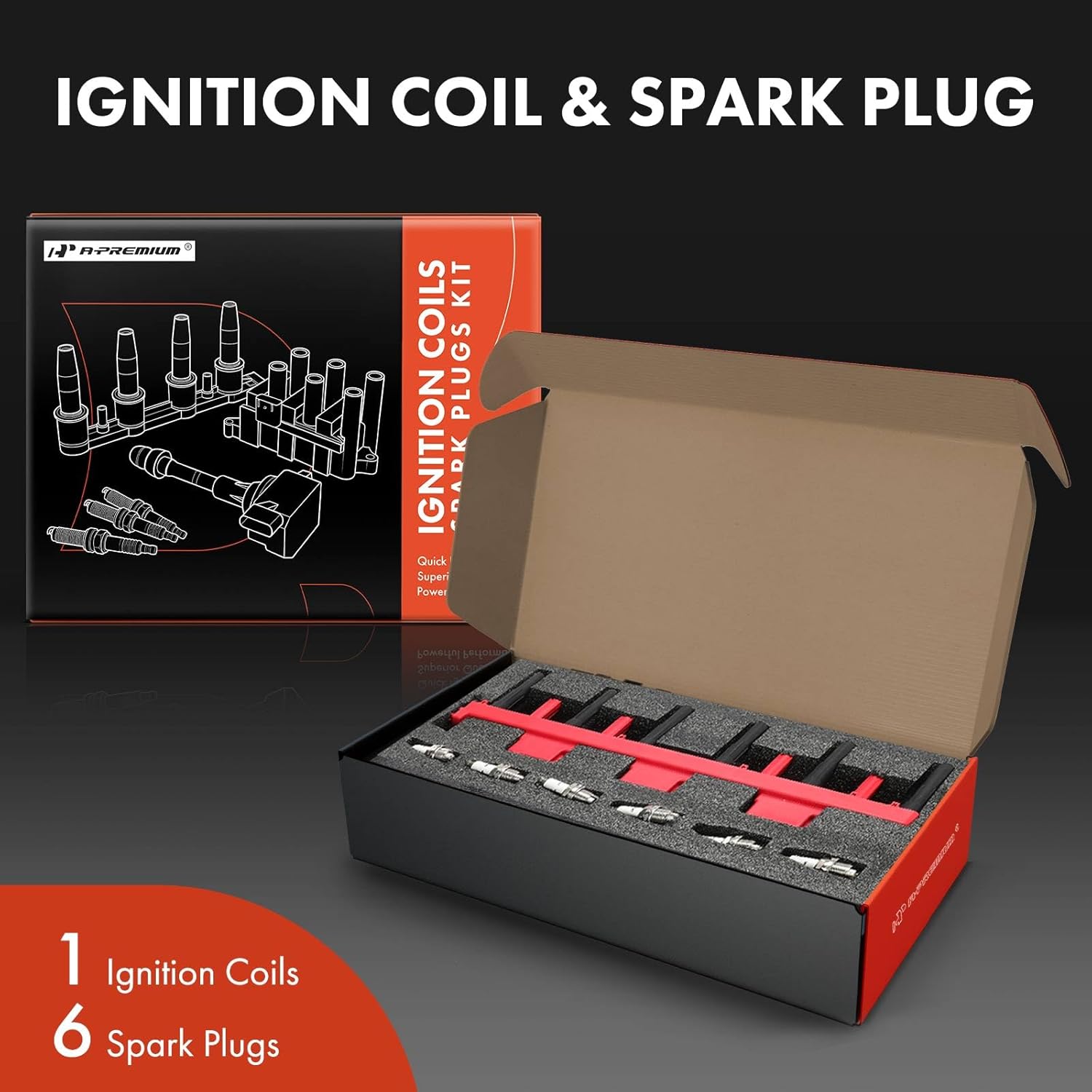 A-Premium (Red) 1x Ignition Coil Pack and 6x Iridium Spark Plugs Compatible with Jeep WJ Series Grand Cherokee 2000-2004, TJ Series Wrangler 2000-2006, TJ 2000-2006, XJ Series Cherokee 2000-2001, 4.0L