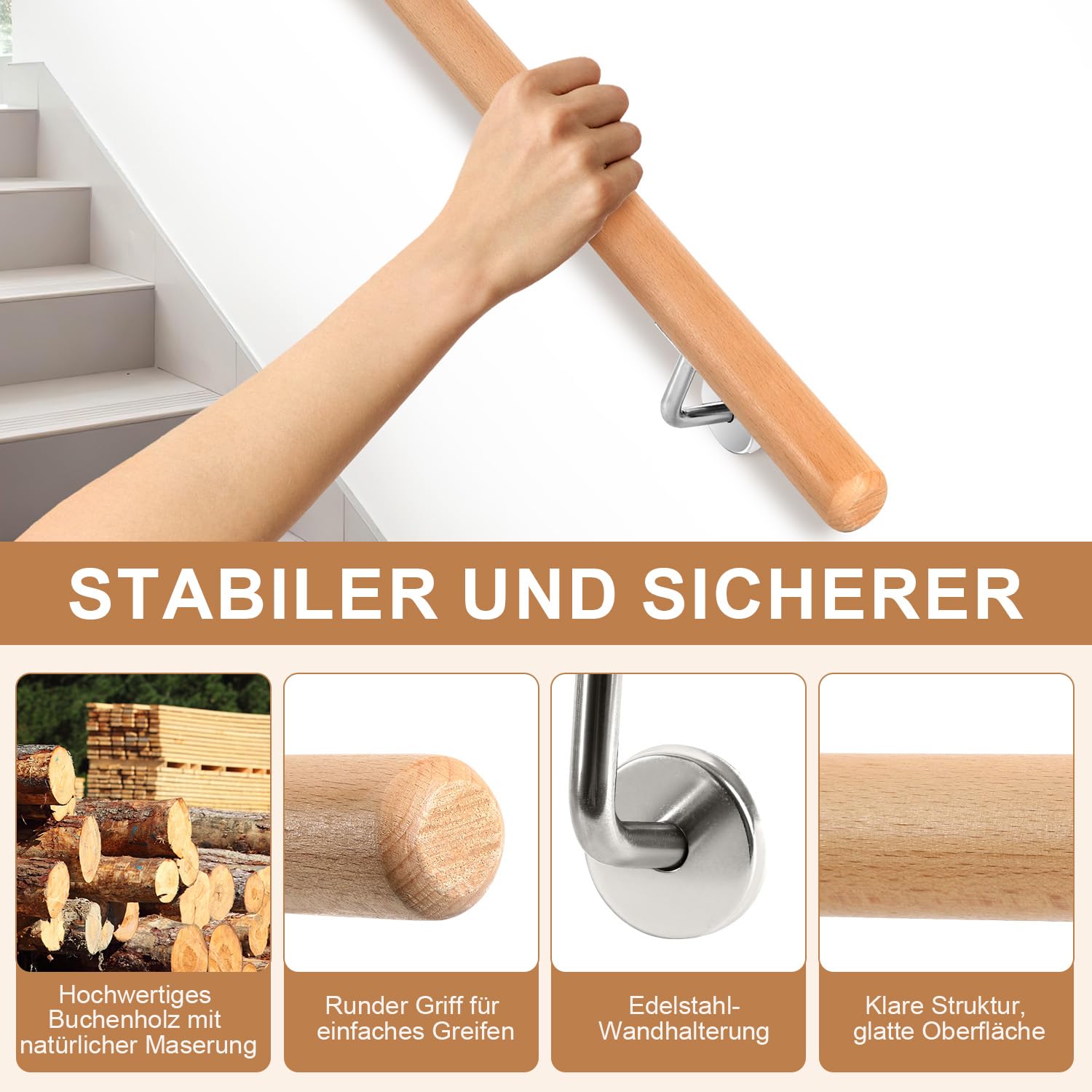 Corrimano in legno di faggio, ringhiera per scale, 50 cm, con supporto a parete, corrimano in legno antiscivolo, per scale, corridoi, scale da giardino, balcone, soffitta