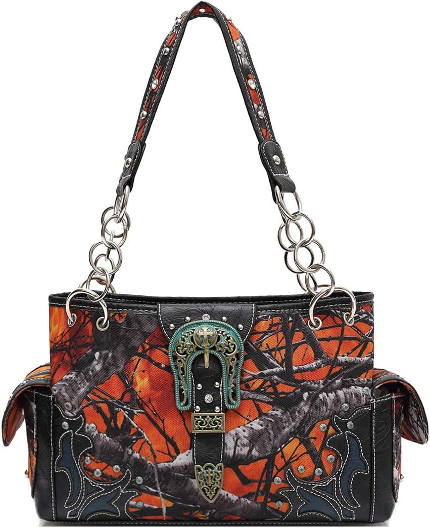 Western Style Camouflage Belt Buckle Rhinestone Concealed Carry Purse Women Handbag Country Shoulder Bag (Fire)