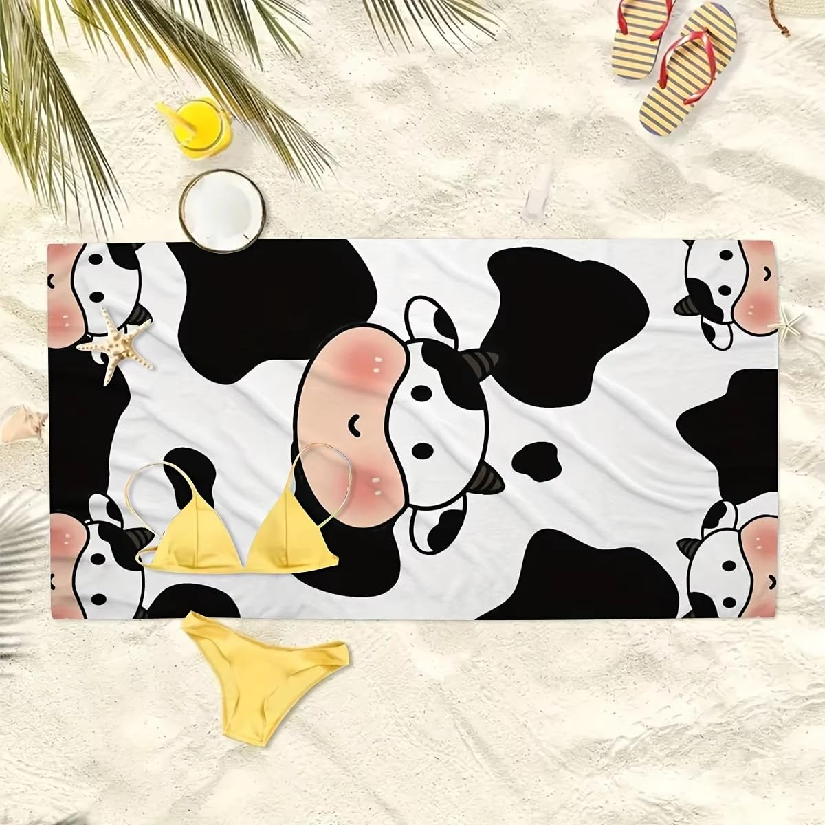Ręcznik kąpielowy z uroczym nadrukiem krowy - ultramiękki, szybkoschnący, oddychający, wygodny design, na letnie wibracje i dni na plaży (100 x 200 cm/39 x 79)