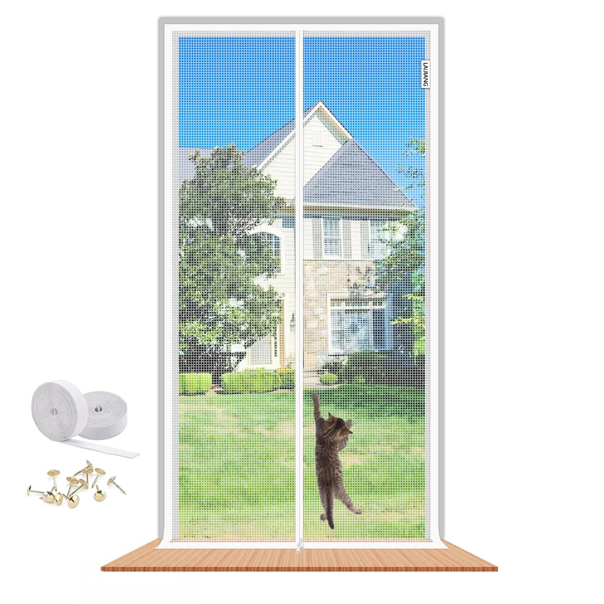 LAIJIANG Reinforced Cat Screen Door, Thickened Cat Proof Screen Door with Zipper Closure keep Pets indoor for Living Room,Kitchen,Bedroom, Fits Door Size 100x220cm