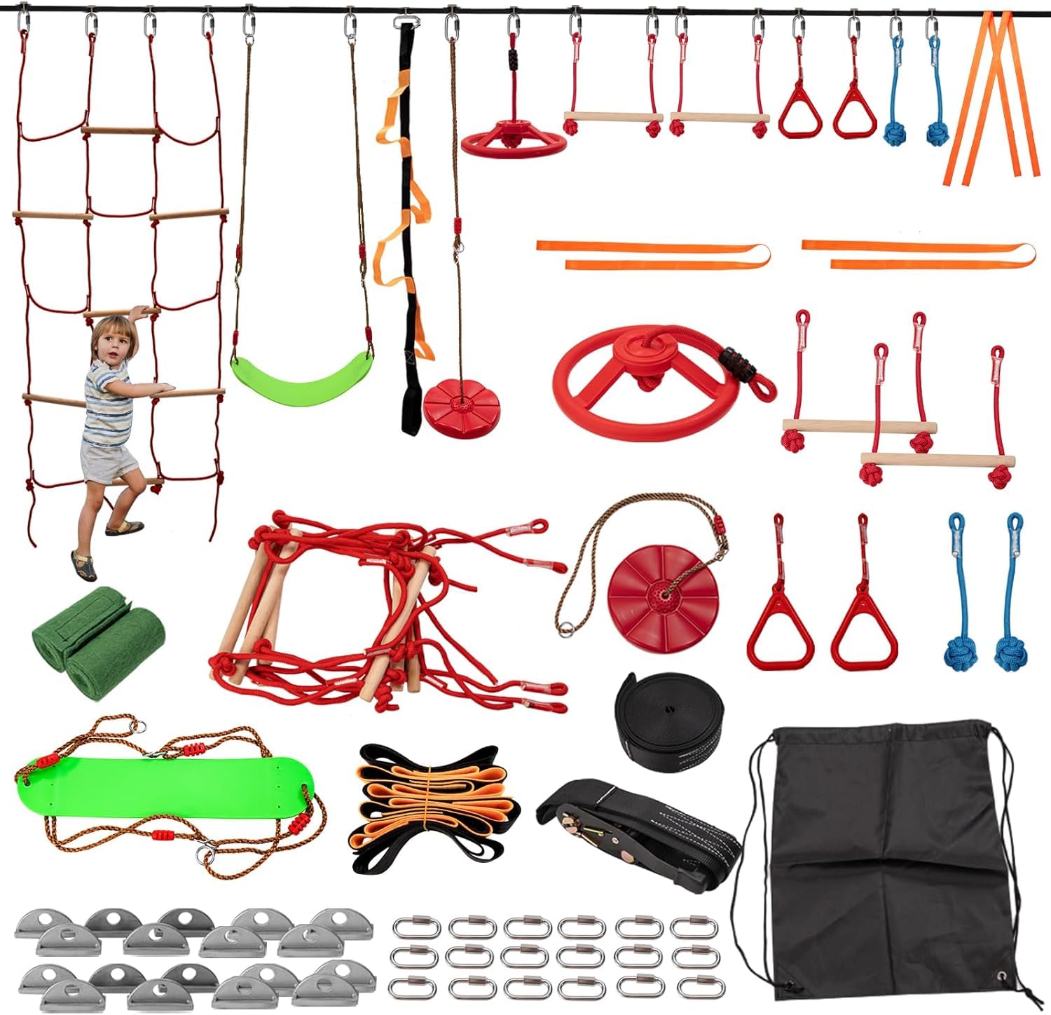 Meulbaty 13 Pcs Kids Obstacles Slackline Sets for Kids: 18M Slackline, 1 Rope Ladder, 1 Swing, 1 Disc Swing, 1 Swivel Wheel, 1 Climbing Belt, 2 Monkey Bars, 2 Rings, 2 Rope Knots, 2 Balance Belts