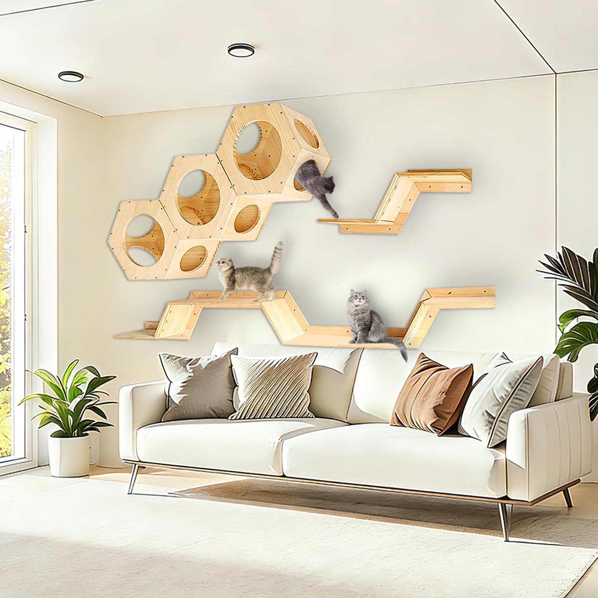 Cat Wall Shelves and Furniture Set with Condos, Perches, Bridge Ladders, Sisal Scratching Posts - Steps and Houses for Cats (D)