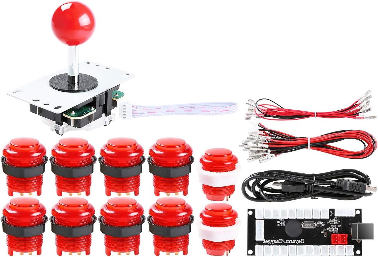 1 Player DIY Arcade Cabinet Parts Kit, 10x LED Arcade Buttons + 1x 5PIN Joystick + 1x Zero Delay USB Encoder for Mame Jamma PC Games & Raspberry Pi, Red Kit