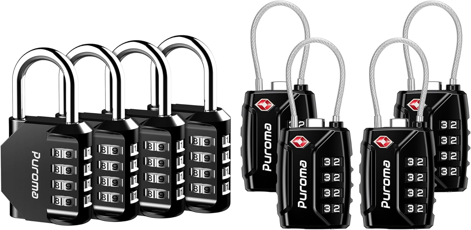 Puroma 4 Pack Combination Code Lock 4 Digit Locker Lock Outdoor Indoor use,and 4 Pack TSA Approved Luggage Lock, 4 Digit Combination Travel Locks Resettable Code Lock for Backpack, Bag, Gym Locker