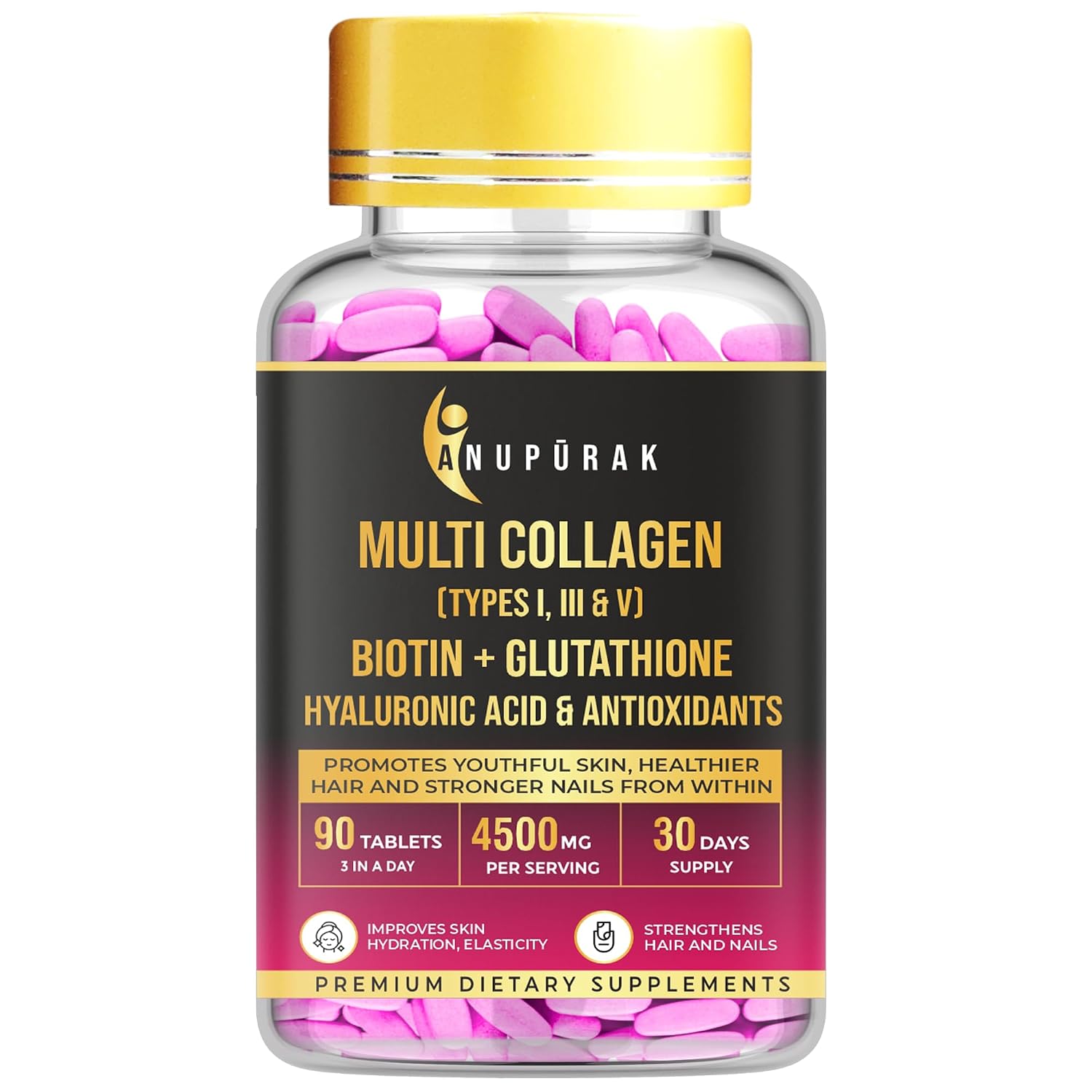 Multi Collagen Supplement for Women & Men | Marine Collagen Complex Type I, III & V + Glutathione + Biotin + Hyaluronic Acid + Probiotics | Support Skin Glow, Hair, Nail & Joint | 90 Tablets