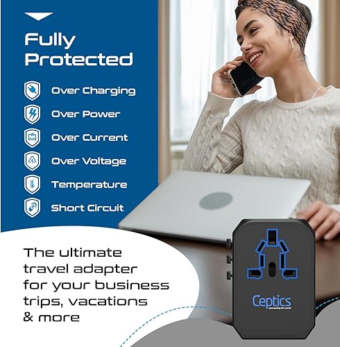 Miniatura 8 de Ceptics Universal Travel Plug Adapter - Powerful 33W with PD & QC 3.0 USB-C Fast Charging - 2 USB Ports Wall Charger Type I C G A Outlets 110V 220V