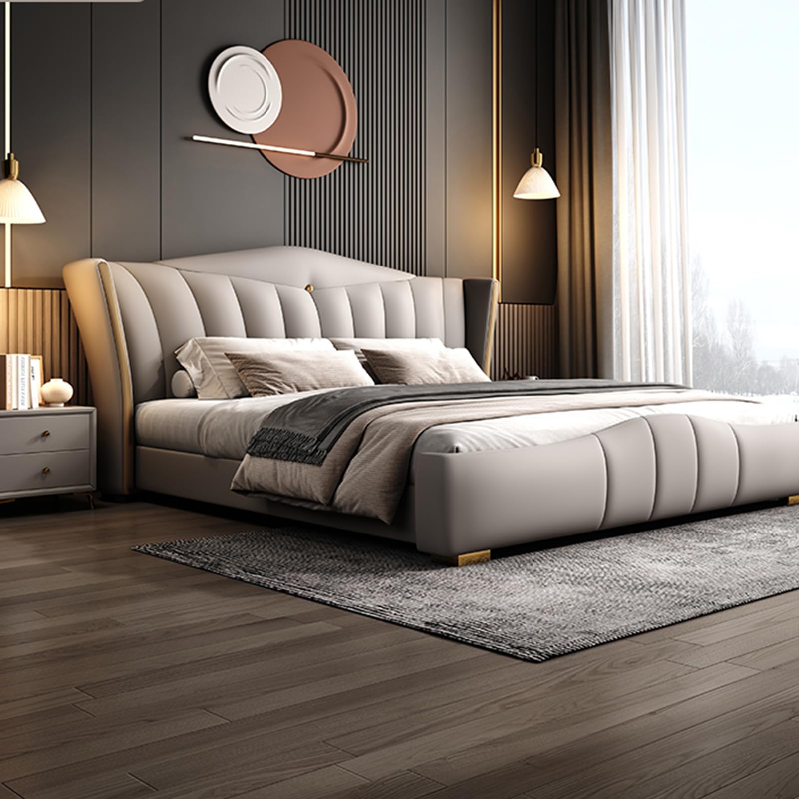 King Size Genuine Leather Wood Bed Upholstered Platform Bed Frame with Headboard and Lift Up Storage Strong Wooden