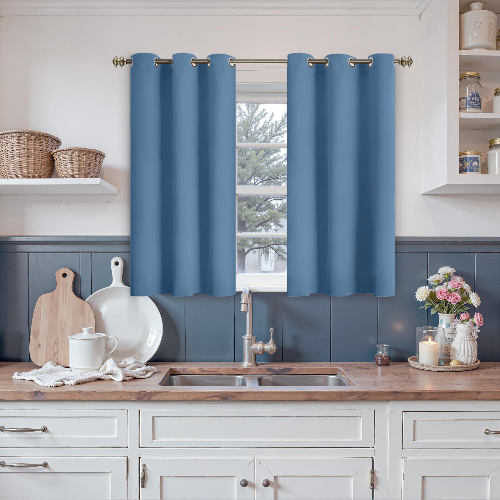 YoungsTex Denim Blue Blackout Curtains 40 Inches Length for Kitchen Bedroom Window - Short Drapes Thermal Insulated with Grommet for Living Room Cafe Bathroom, 2 Panels, 42 x 40 Inch
