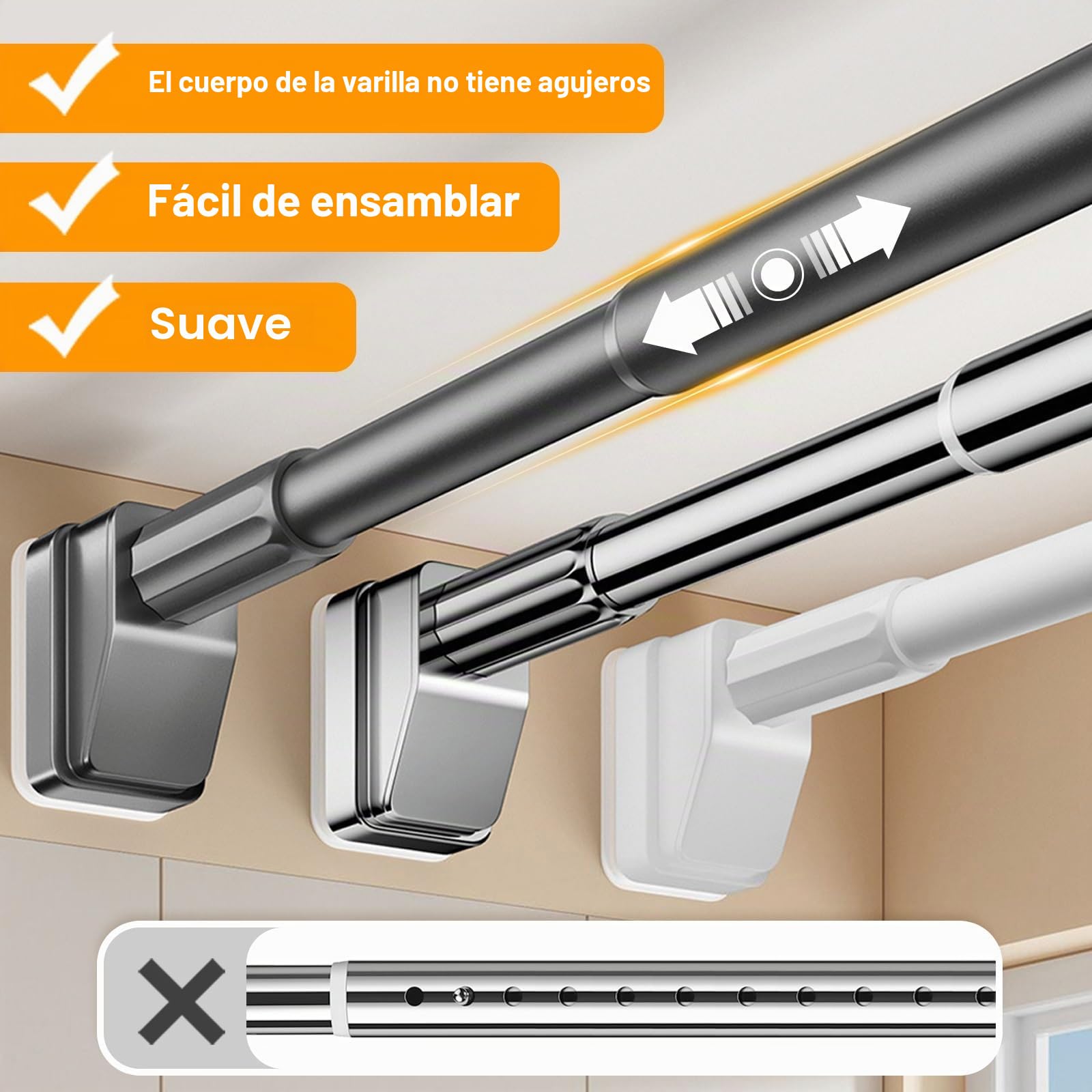 Asta telescopica regolabile, 40-490 cm, senza trapano, antiscivolo, in acciaio inox, ideale per porte di bagno e armadi, colore: grigio (70-120 cm)