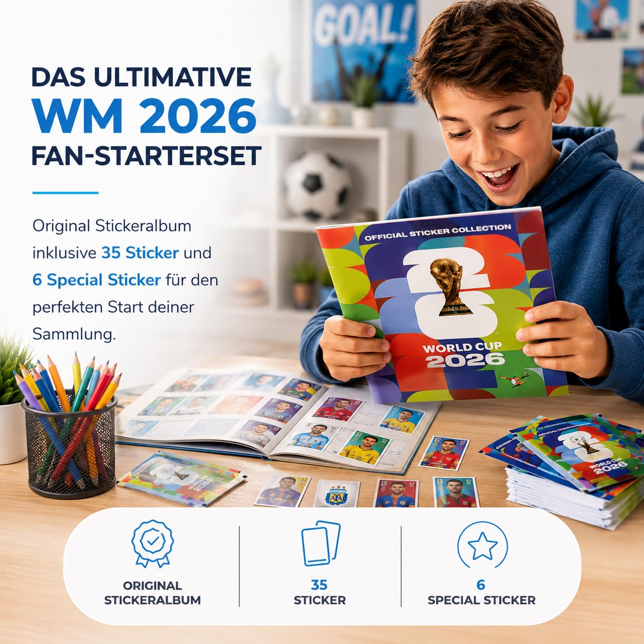 XXL Fan Starterset WM 2026 – Original Panini Sticker + 35 Aufkleber + Extra 6 Special - zum Sammeln & Tauschen - Weltmeisterschaft (35 Sticker & 6 Special)