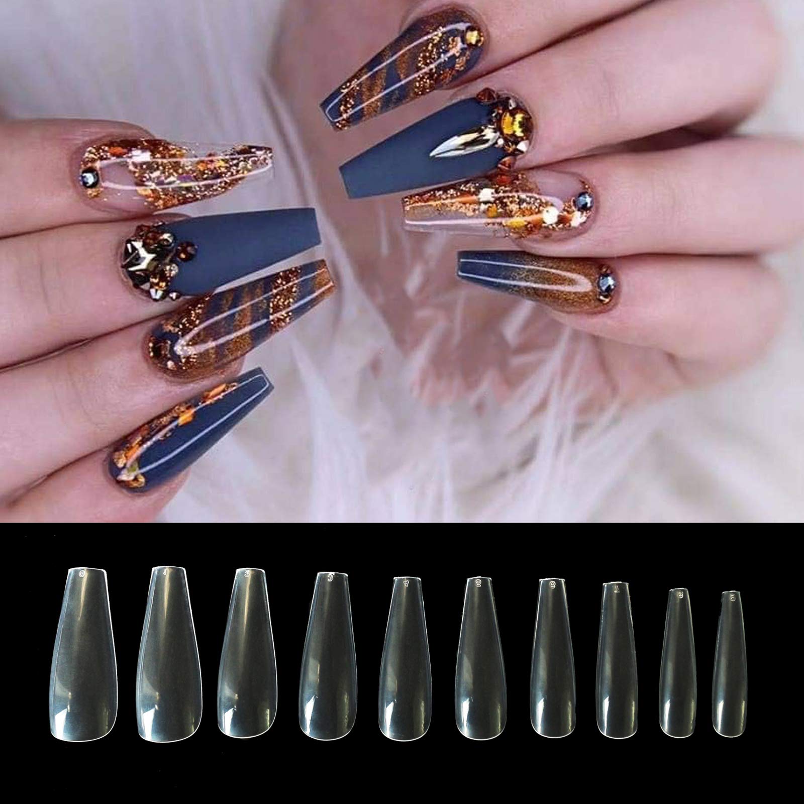 anmas rucci 500pcs Coffin Nails Ballerina Fake Nail Tips Long Full Cover Acrylic False Nails Natural Artificial Nails 10 Sizes for Nail Salons or DIY Nail Art at Home (Clear)
