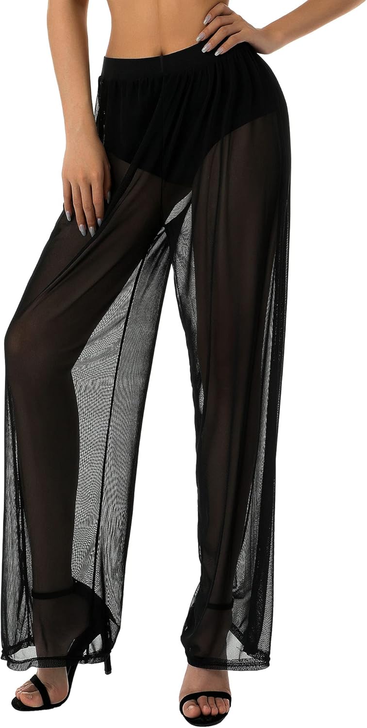 Women Sexy See Through Sheer Mesh Loose Bottoms, Swimsuit Bikini Cover Up, High Waist Wide Leg Pant - Image 4