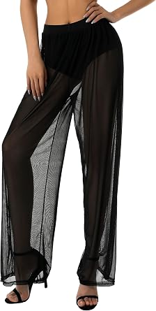 Women Sexy See Through Sheer Mesh Loose Bottoms, Swimsuit Bikini Cover Up, High Waist Wide Leg Pant