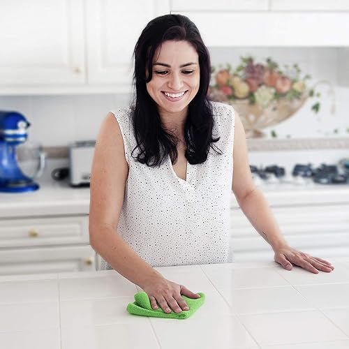 Miniatura 7 de Toallas de limpieza de microfibra, reutilizables, sin pelusa y paño absorbente para uso en cocina y automóvil, 300GSM, 12 x 12 pulgadas, verde,