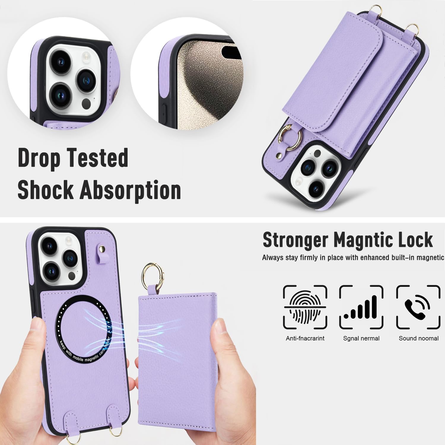 Phone Case for iPhone 15 Pro Max Wallet Magnetic Detachable Cover Screen Protector Compatible with MagSafe Crossbody Lanyard Strap RFID Blocking Flip i Phone15 ProMax 15ProMax Women Men Purple