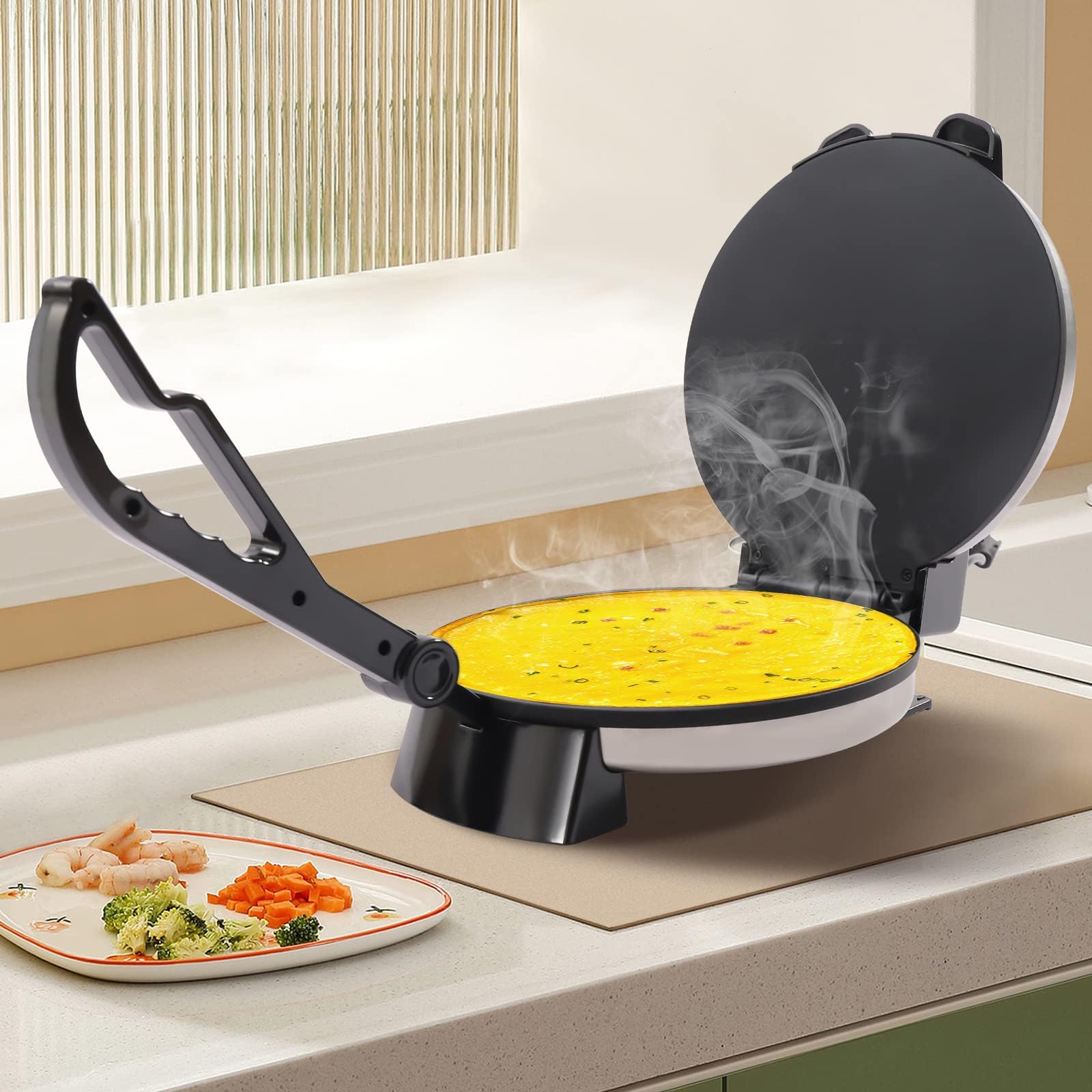 Roti Maker, 1800 W Acero Inoxidable Chapati Tortilla Maker Tortilla Prensa Antiadherente Chapati Tortilla Calefacción Doble Cara Crepes