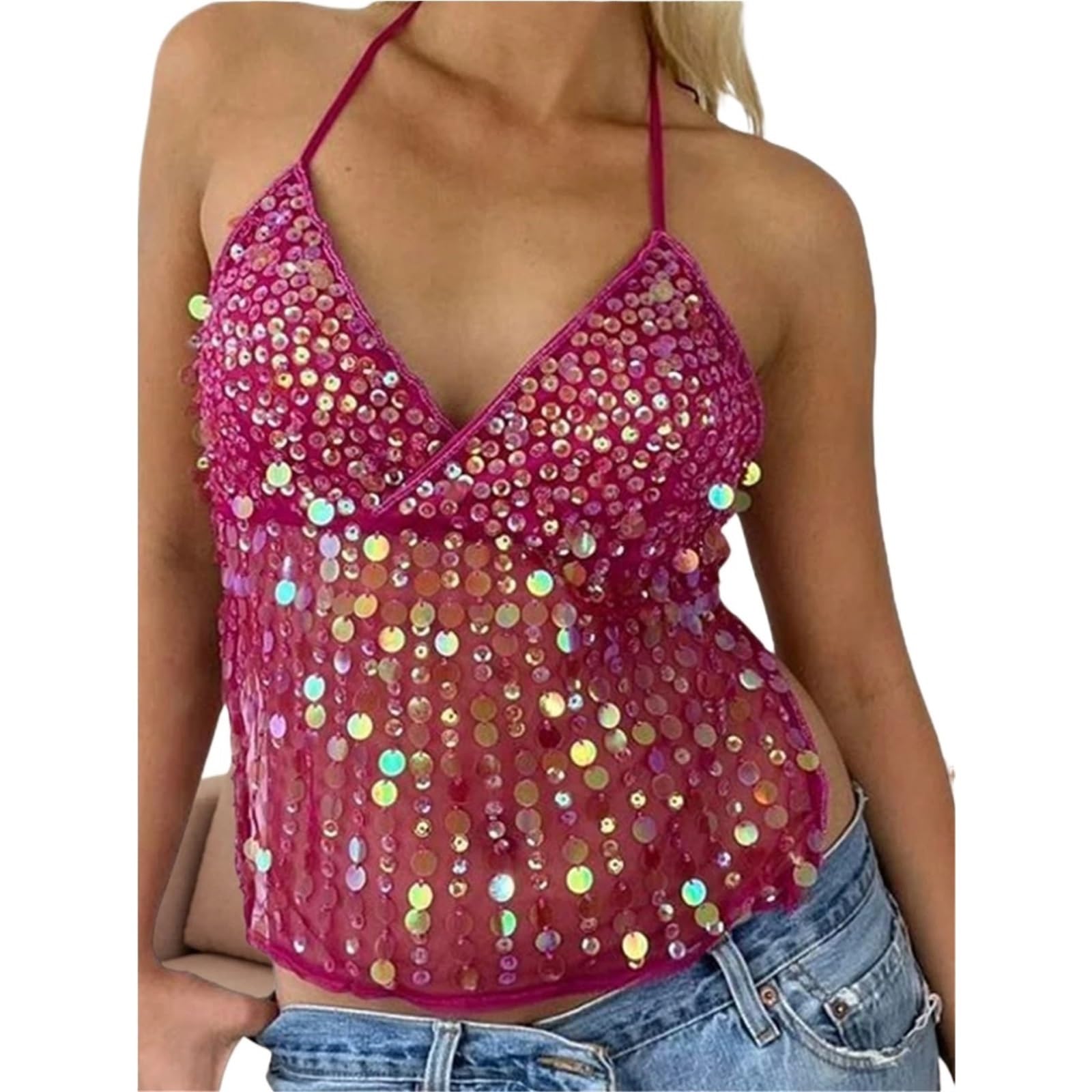 Top con Paillettes Top Corto Estivo da Donna in Tinta Unita con Scollo all'Americana, Senza Maniche, Scollo a V, Schiena Scoperta, vestibilità Attillata, con Paillettes e Lacci.