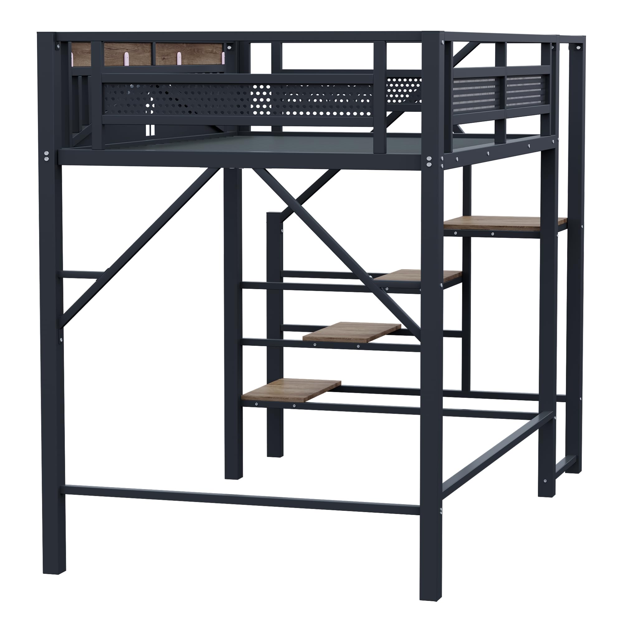SACOOL Cama alta de metal de 140 x 200 cm, forma de carcasa única con diseño de ventana, con escalera de seguridad, mucho espacio debajo de la cama, color negro