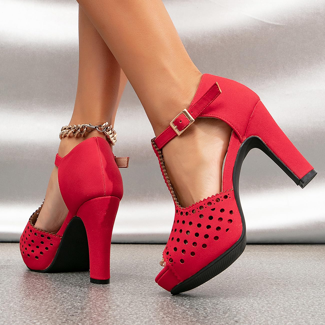 getmorebeauty Women's Vintage Heeled Sandals Suede Ankle T Straps Dress Block High Heel Sandals Women Shoes: 7 187-red