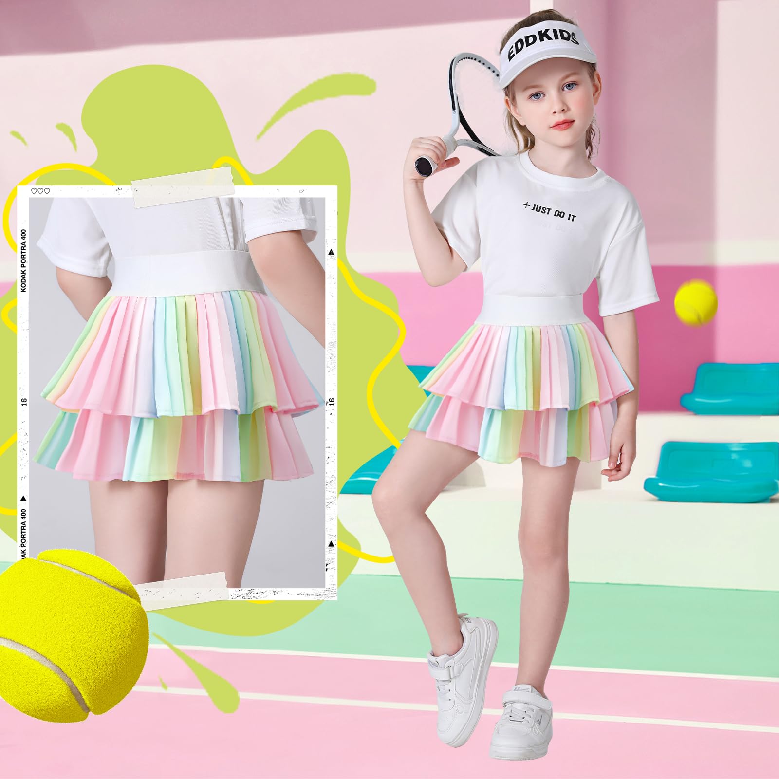 Falda de tenis para niñas con pantalones cortos, falda atlética plisada con bolsillos, cintura alta, falda de animadora para niños, Arco iris, 5-7 Años