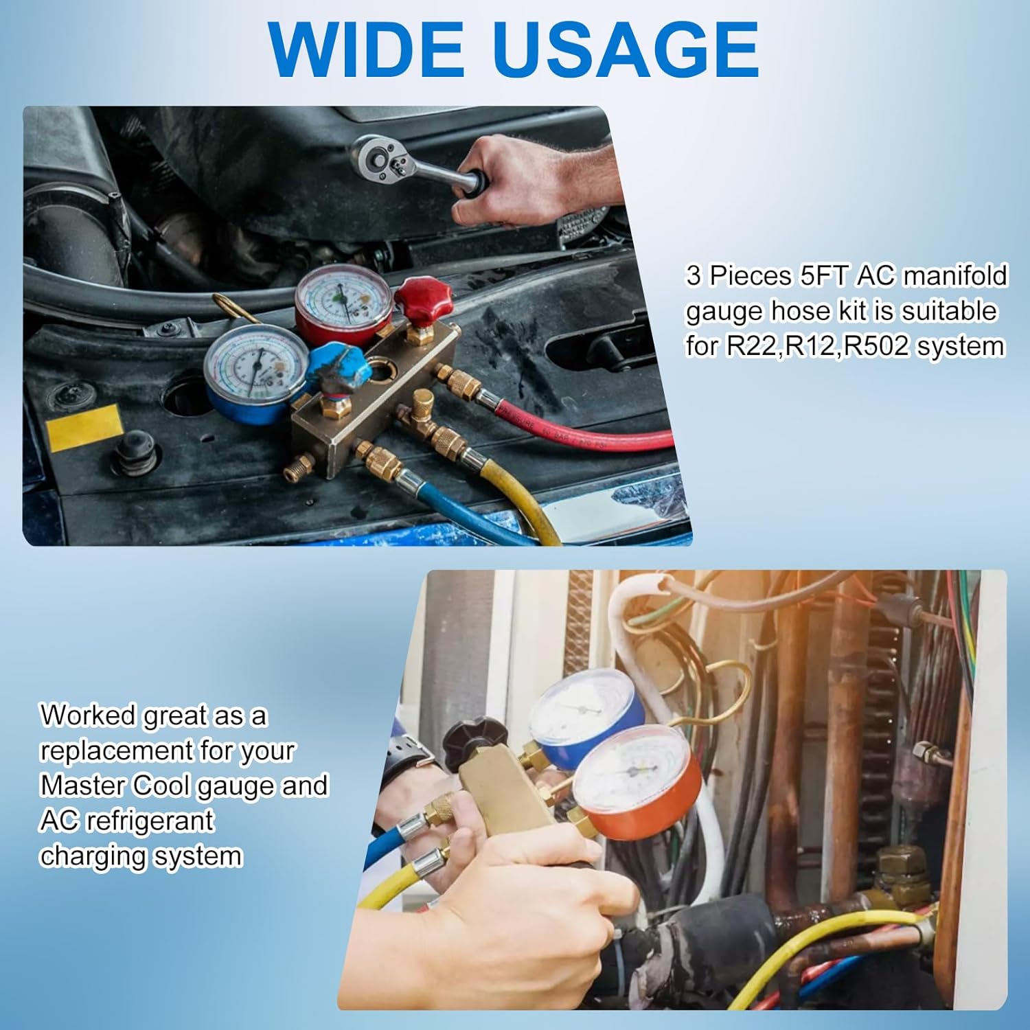 3 Pieces AC Manifold Gauge Hose Kit, Refrigerant Charging Hoses 1/4 SAE, 3FT AC Manifold Gauge Hose Kit for R404A R22, R12, R502, 36 Inch A/C Charging Hose, 500-2500PSI