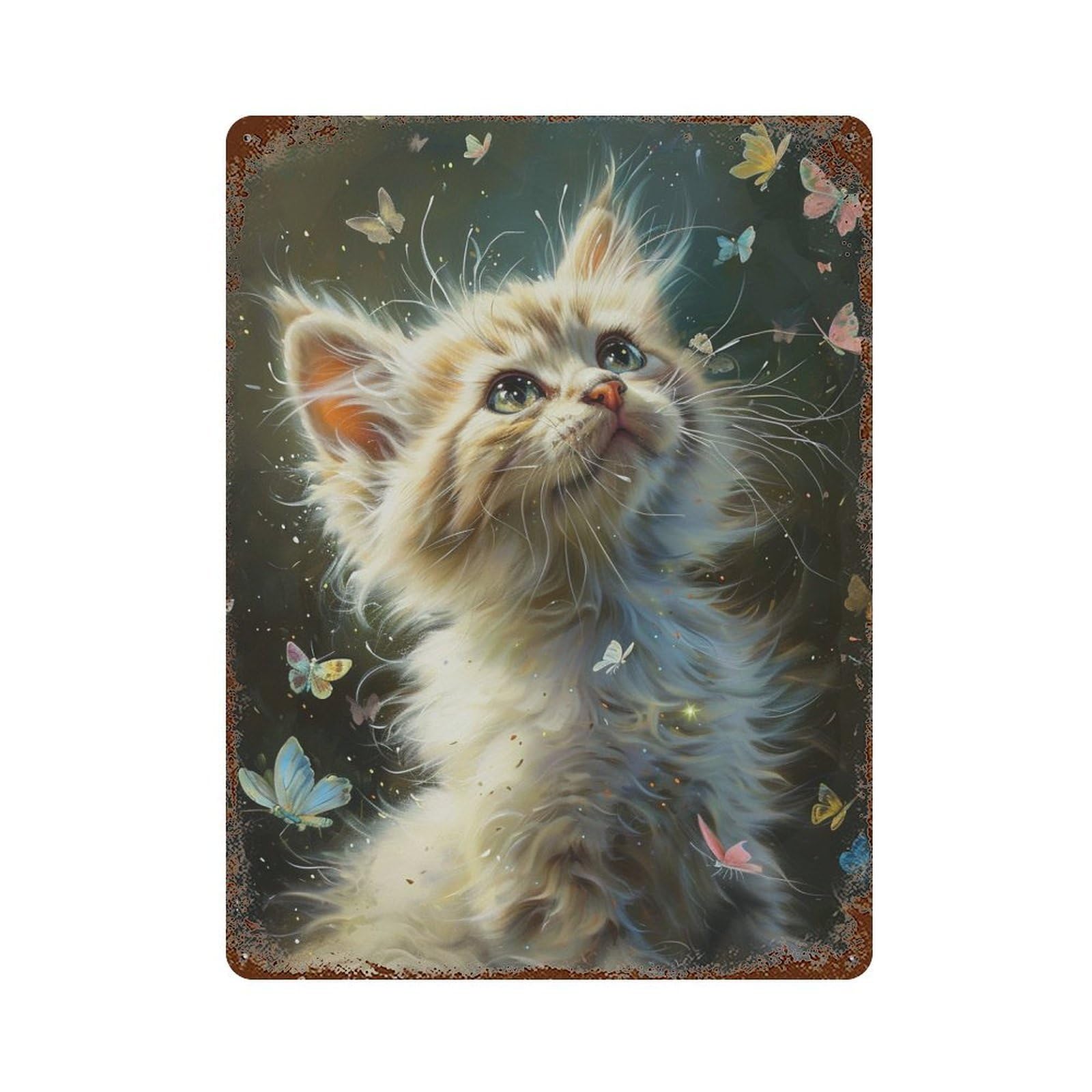 Decorative Tin Sign with Whiskered Whimsy Cat with Butterflies Design 15.7"x11.8", for Farmhouse, Kitchen And Entryway Decor, Old School Wall Decor