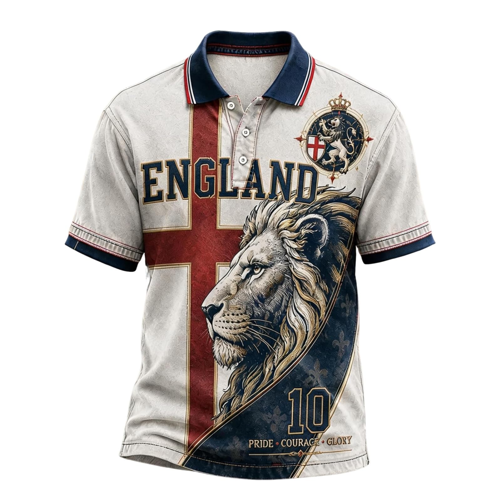 England Football Shirt 2026 World Cup Lion Print Short Sleeve Polo Shirt for Supporters of Football Casual National Flag Print Button Down Collar Top Outdoor Sports Shirts for Men Blue XXL