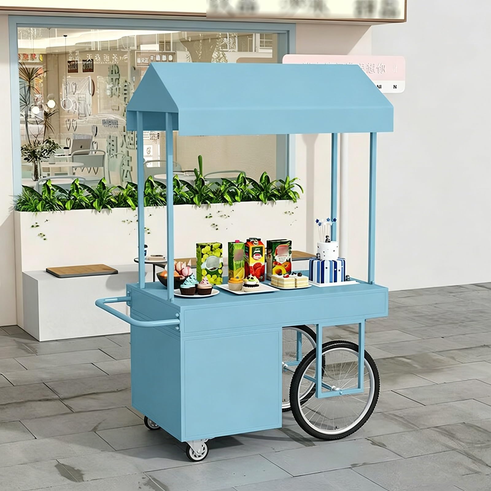 XRRJFYH Mobile Vendor Cart with Canopy - Street Vendor Food Cart, Farmers Market Stand, Portable Display Tables with Wheels, Outdoor Market Stall(Blue,120x60x200cm/47x24x79in)