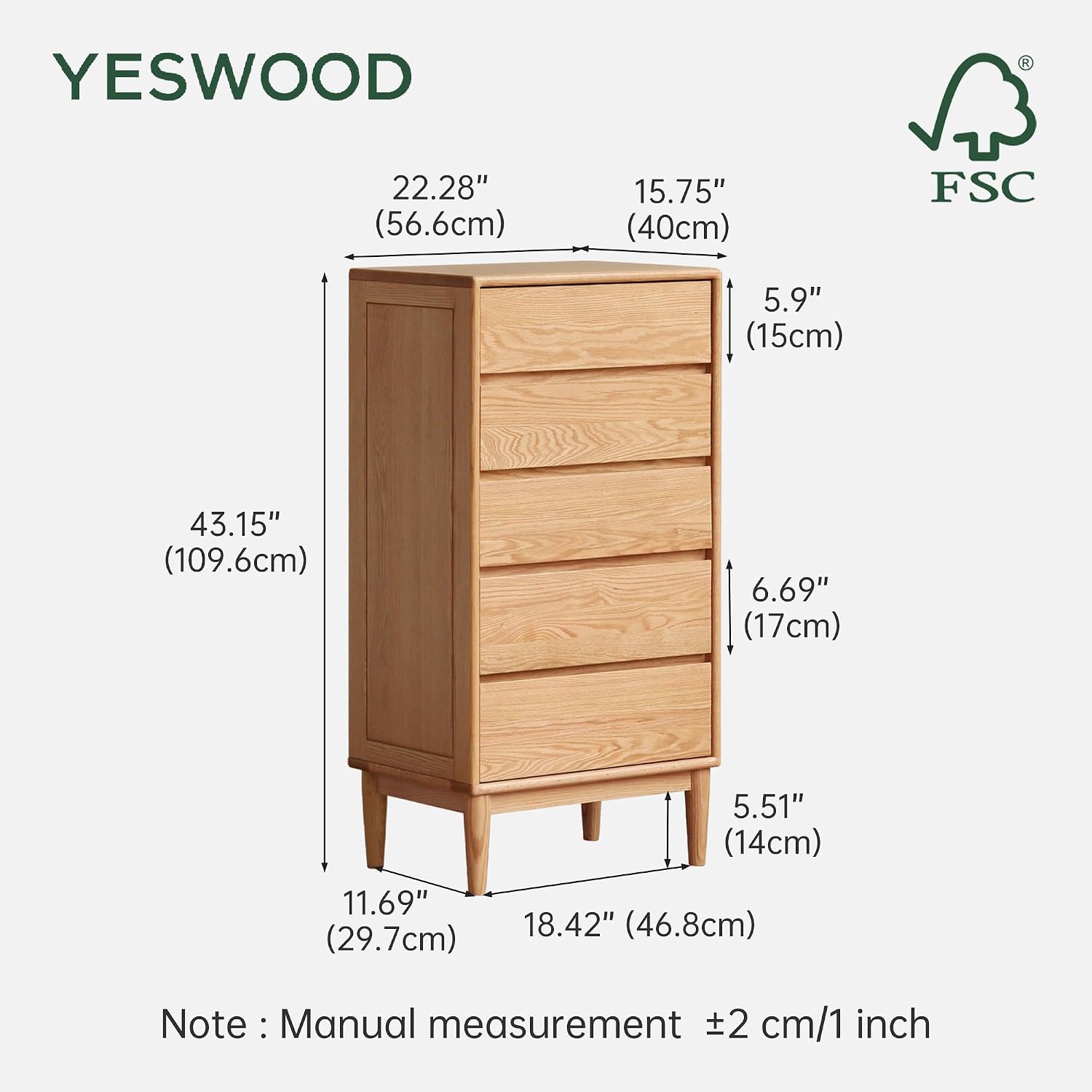 YESWOOD 100% Solid Wood Nightstand, Oak Wood 5 Drawers Nightstand for Bedroom, Natural Wood Side Table, Wooden Closet Storage Organizer for Bedroom, Living Room, Hallway, 22" W x 15.8" D x 43" H